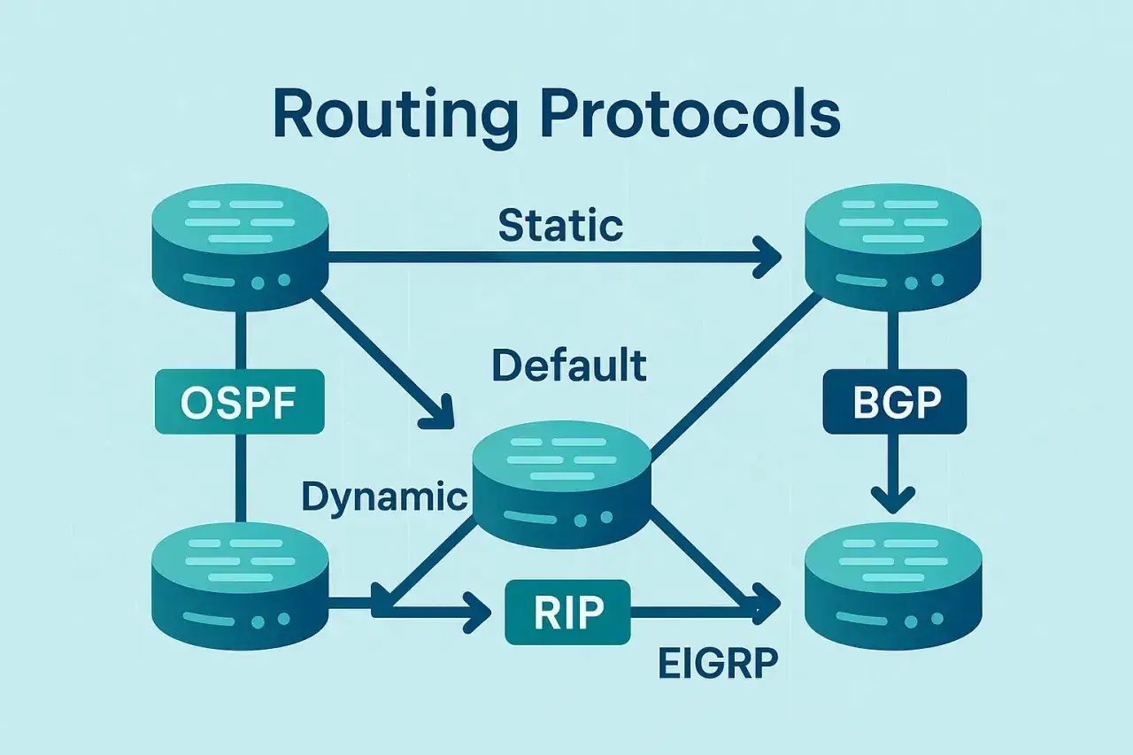Diagram illustrating static and dynamic layer 3 routing protocols like OSPF, RIP, EIGRP, and BGP, with default routing.