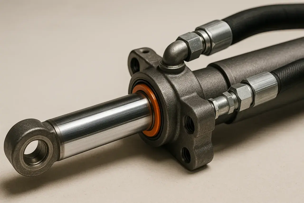 Close-up of a hydraulic cylinder, showcasing its polished rod and various hydraulic cylinder rod end types with attached hoses.