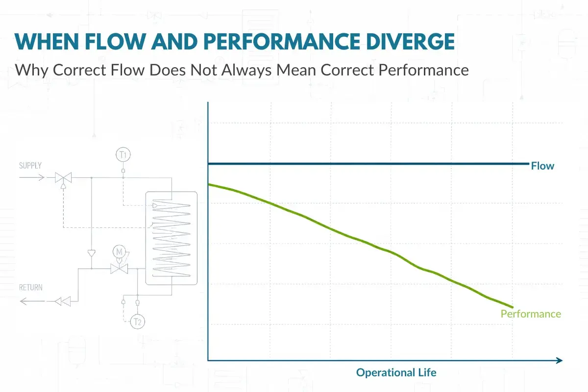 Diagram of a liquid flow control system with a graph showing constant flow but declining performance over operational life.