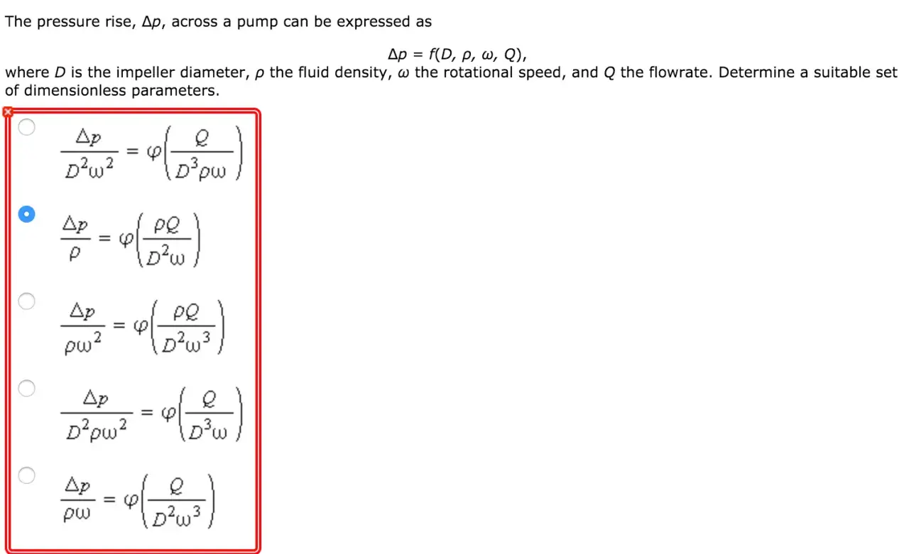 Options for how to find delta p, showing dimensionless parameters for pump pressure rise.