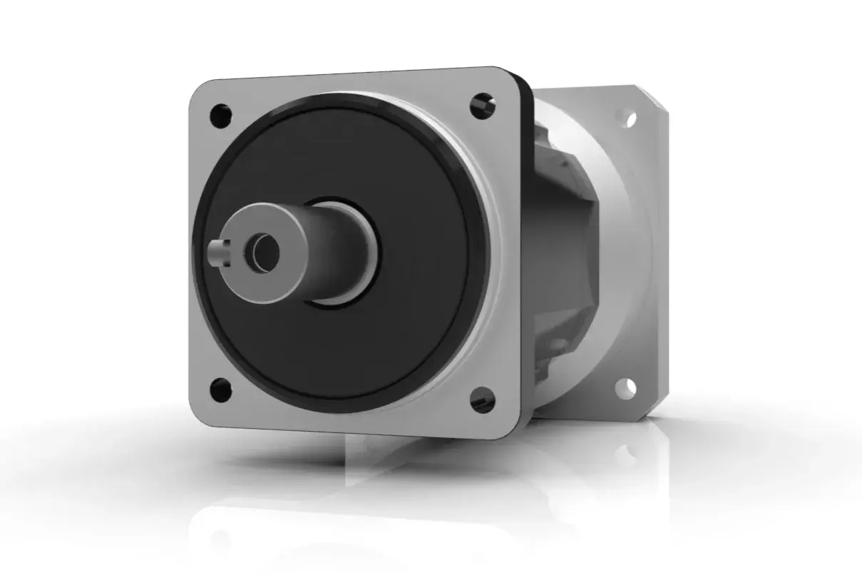 A silver and black gearhead motor with a shaft, ready for action.