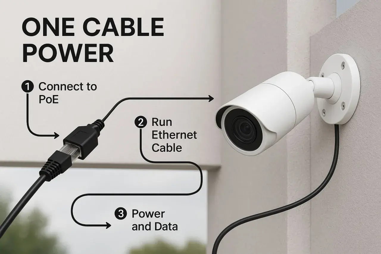 Diagram shows how to connect a security camera using one cable for both power and data via PoE.
