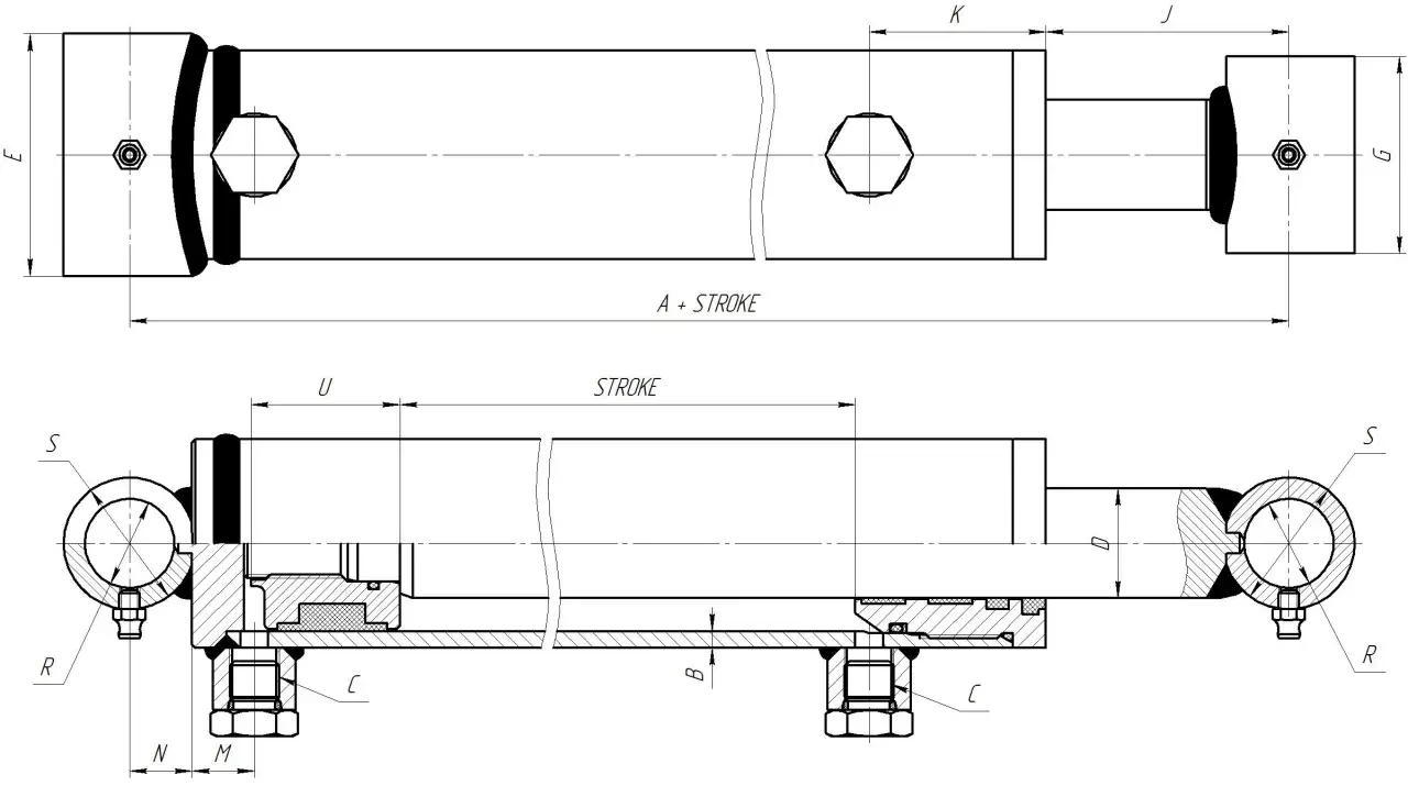 Technical drawing showing how to measure hydraulic cylinder stroke, with dimensions labeled.