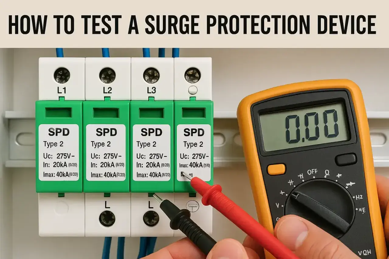 Testing surge protection devices (SPDs) with a multimeter. This surge testing ensures your electrical system is safe.