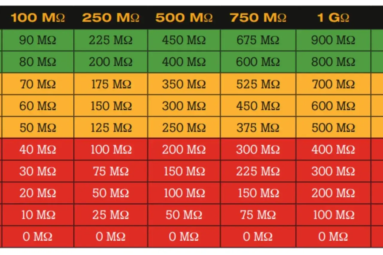 Table showing acceptable resistance values for an earth insulation resistance test, with different voltage ratings and corresponding megohm readings.