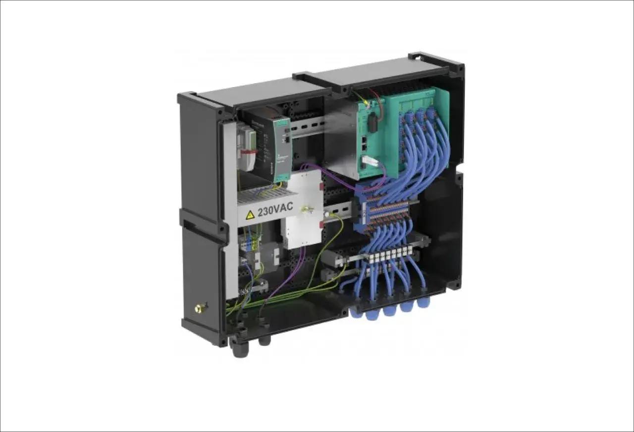 Inside a black enclosure, a complex electrical system with many blue ethernet cables and a 230VAC warning.
