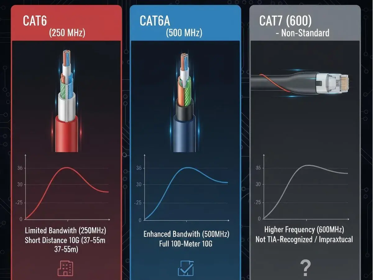Comparison of Cat 6a vs Cat 7 cables, showing Cat 6a's enhanced bandwidth for full 100m 10G, while Cat 7 is non-standard.