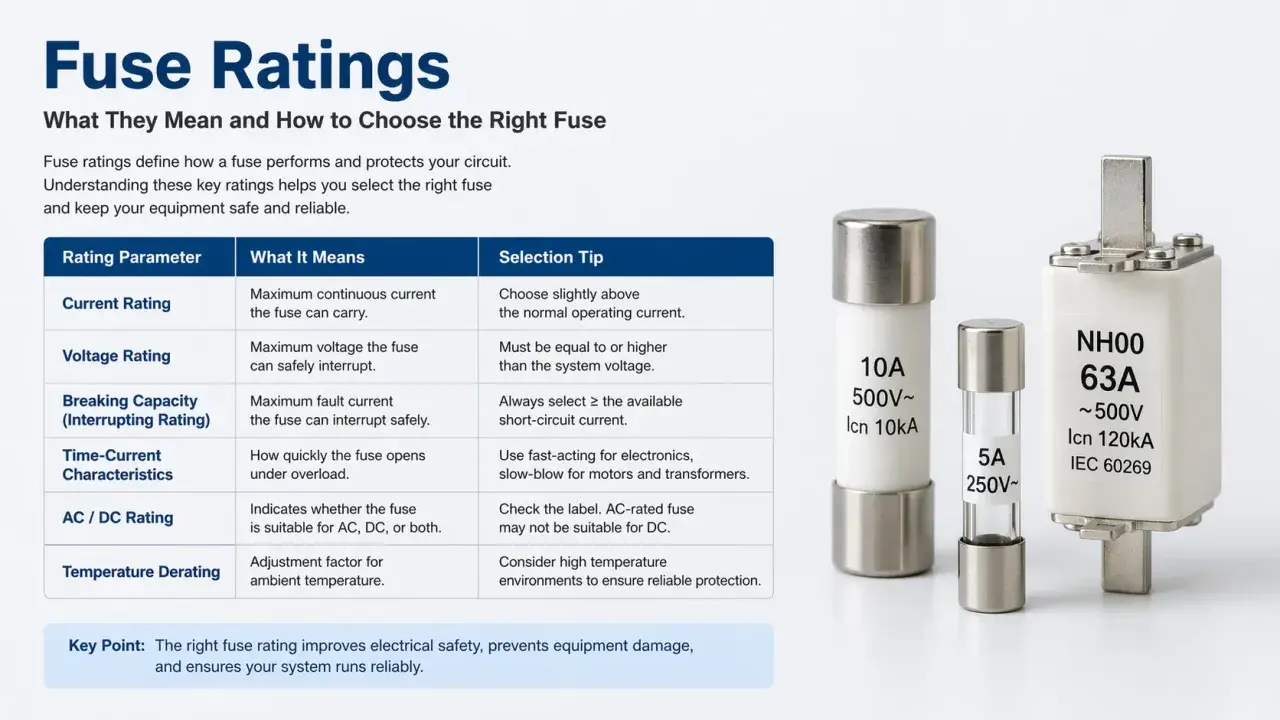 Fuse ratings explain what a fuse is in a circuit: its current, voltage, and breaking capacity. Image shows three fuses with their ratings.