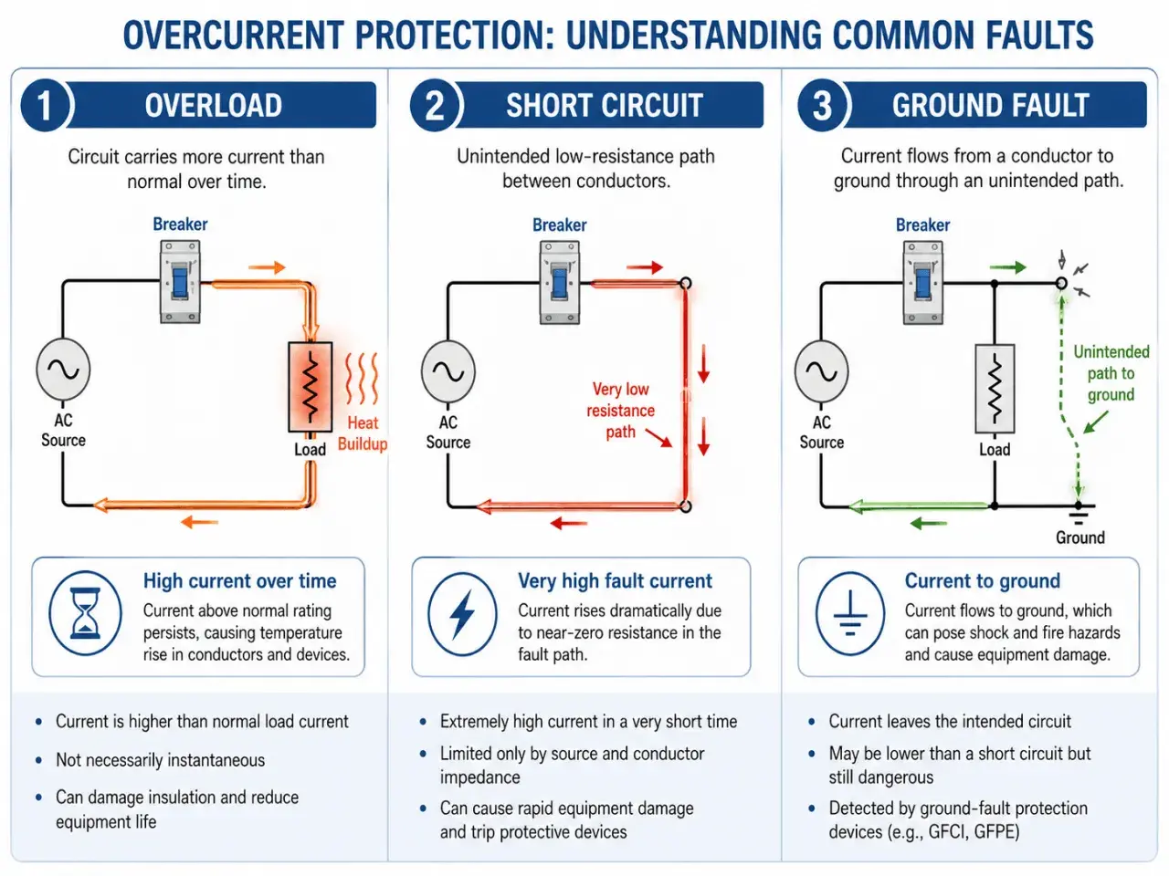 Diagrams illustrate overload, short circuit, and ground fault protection, explaining how excessive current, like in a magnetic overload, can damage circuits.