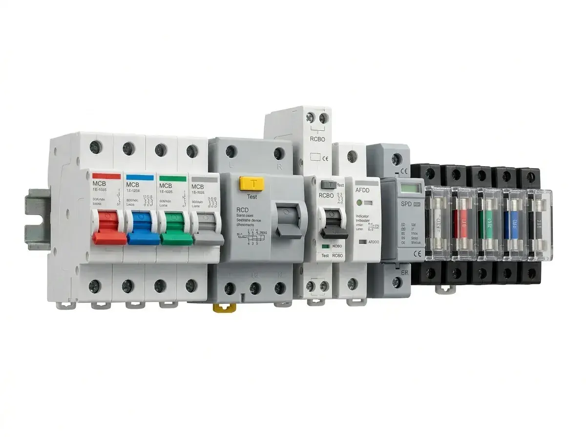 A row of electrical circuit protection devices, including MCBs, RCDs, RCBOs, AFDDs, and an SPD, all mounted on a DIN rail.