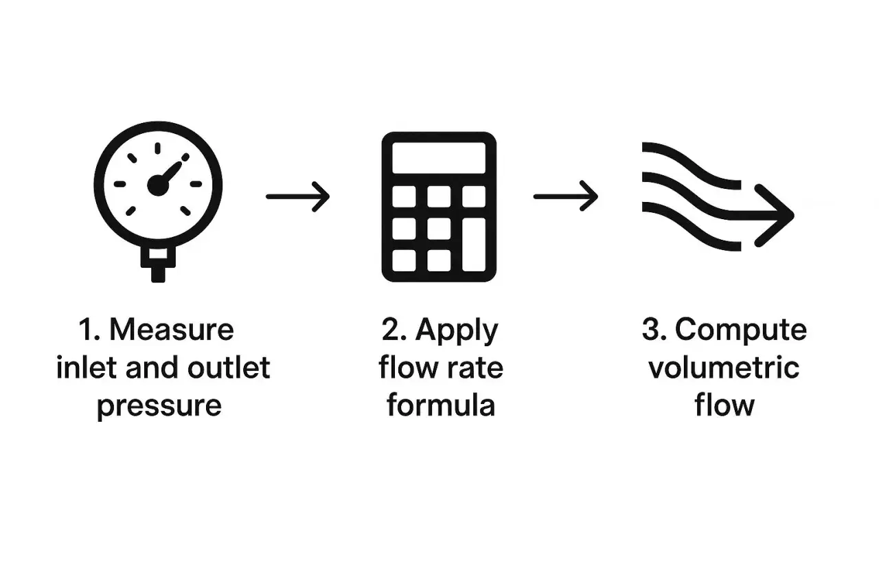 Diagram shows how to calculate water pressure from flow rate: measure pressure, apply formula, compute flow.