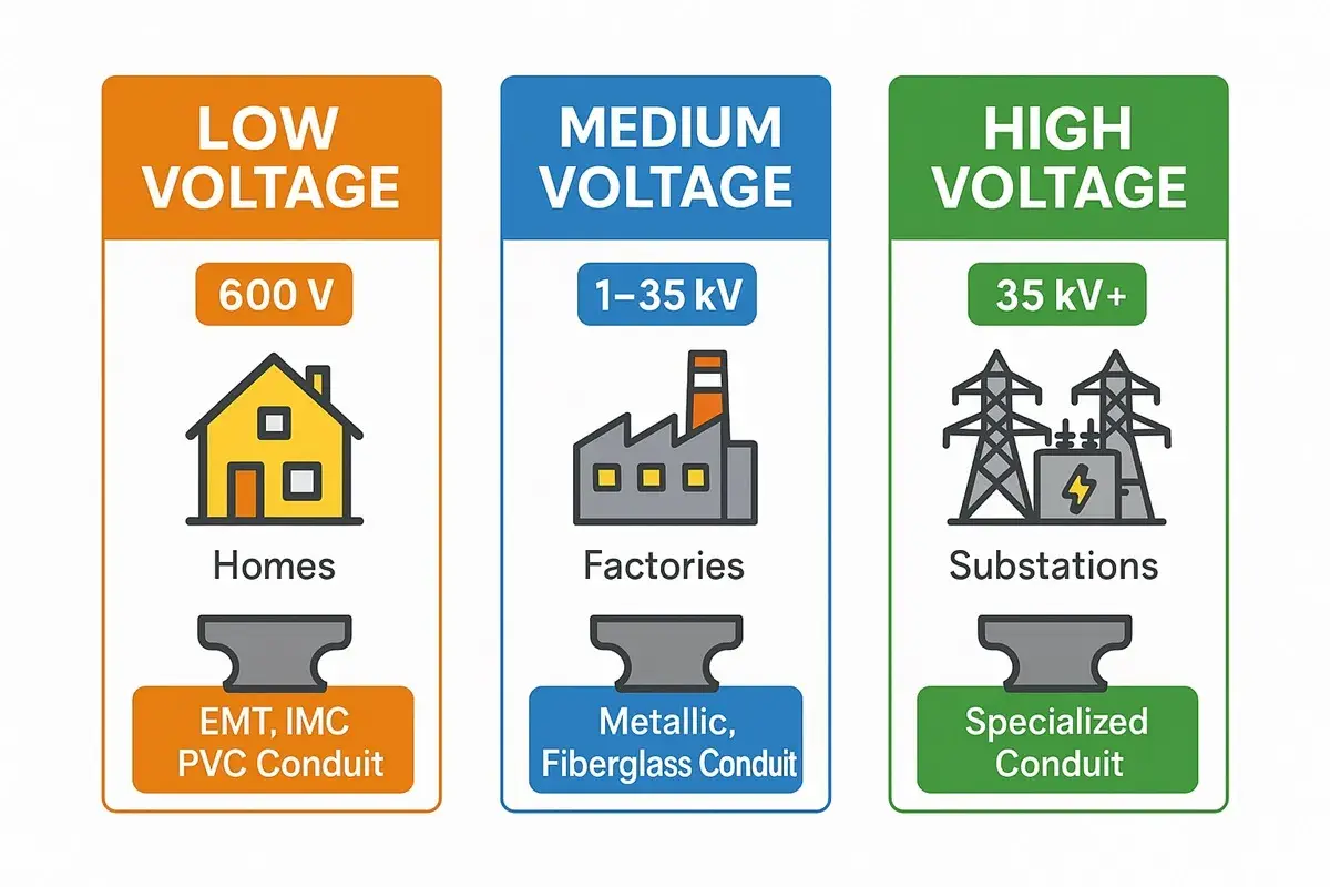 Diagram shows low voltage (600V for homes), medium voltage (1-35kV for factories), and high voltage (35kV+ for substations) with associated conduit types.