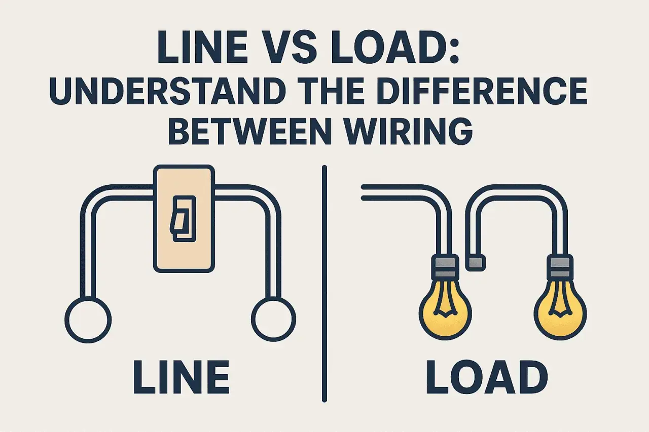 Diagram shows a switch on the left labeled "LINE" and two light bulbs on the right labeled "LOAD," illustrating the difference in wiring.