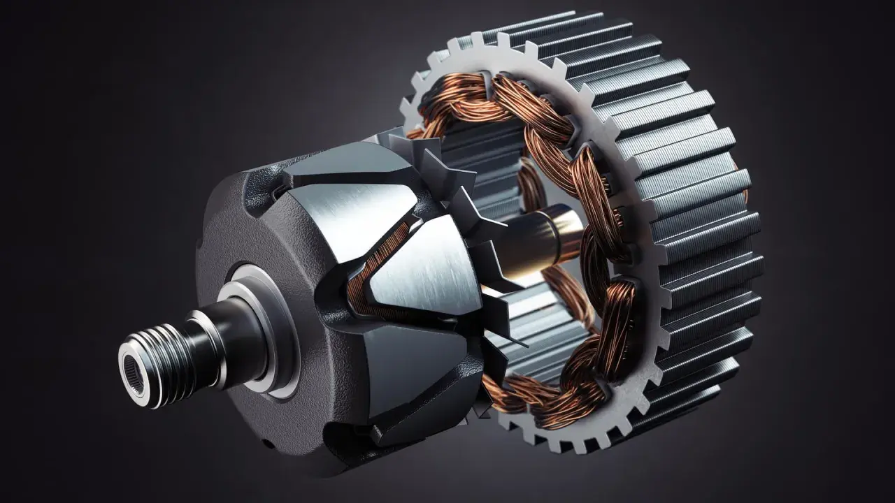 Close-up of an electric motor's stator, showcasing its copper windings and metal core. This is what is a stator: the stationary part of an electric motor.