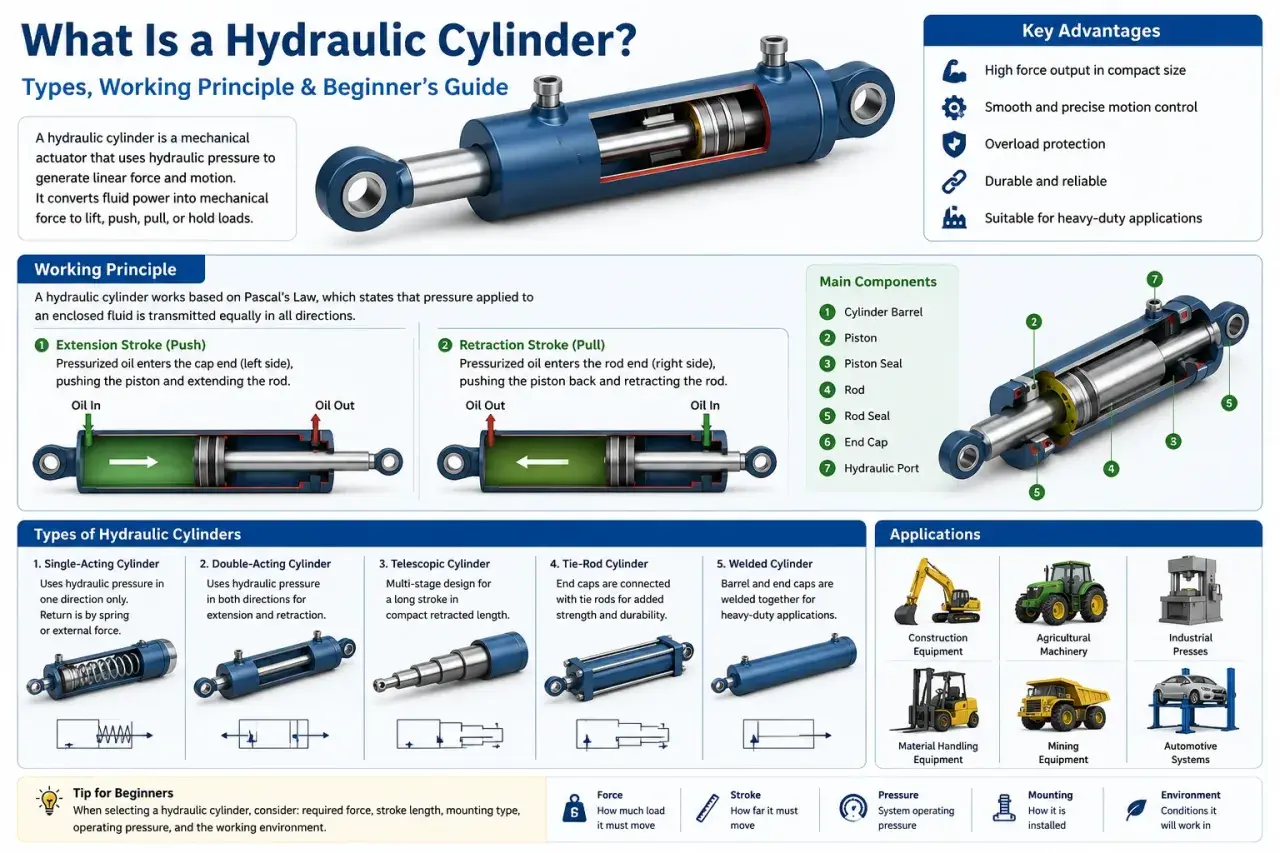 Exploring various types of cylinders: single-acting, double-acting, telescopic, tie-rod, and welded.