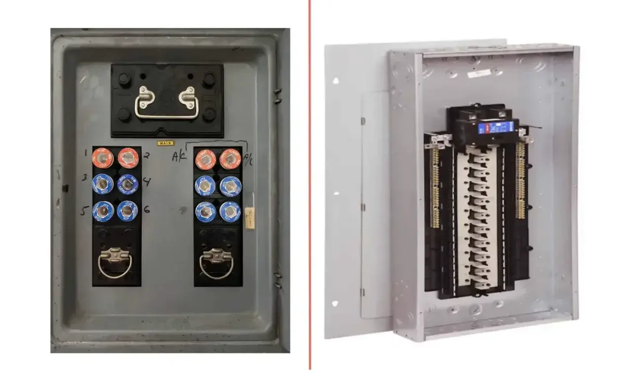 A vintage fuse box with round fuses sits next to a modern circuit breaker panel, showcasing the evolution of electrical safety.