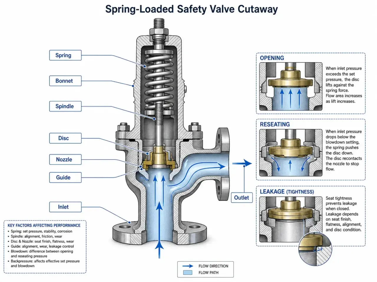 Cutaway of a spring-loaded safety dump valve, showing its internal components and how it opens, reseats, and prevents leakage.