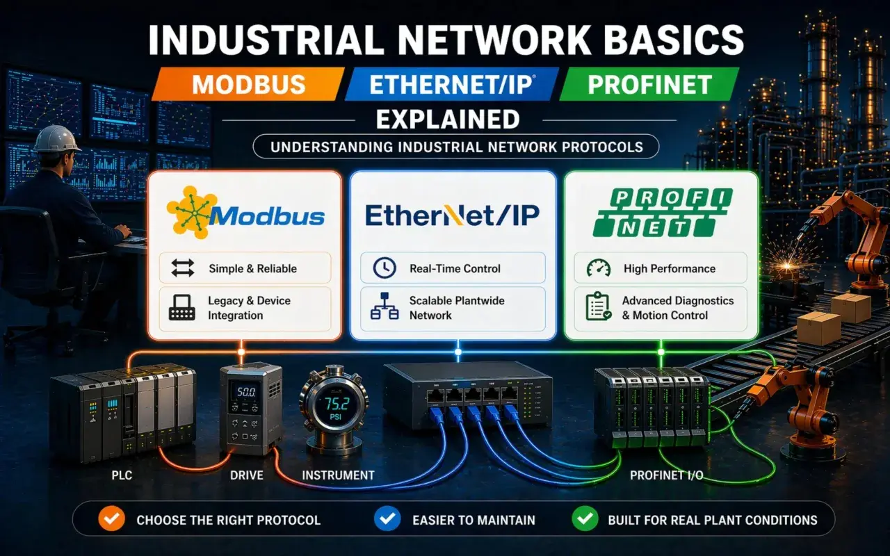 Industrial network protocols explained: Modbus, Ethernet/IP, and Profinet. Comparing Ethernet/IP vs. TCP/IP for industrial automation.