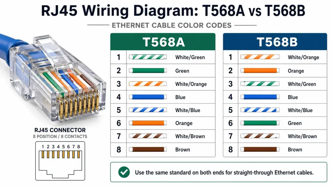 RJ45 wiring diagram showing T568A and T568B color codes for an ethernet cable.