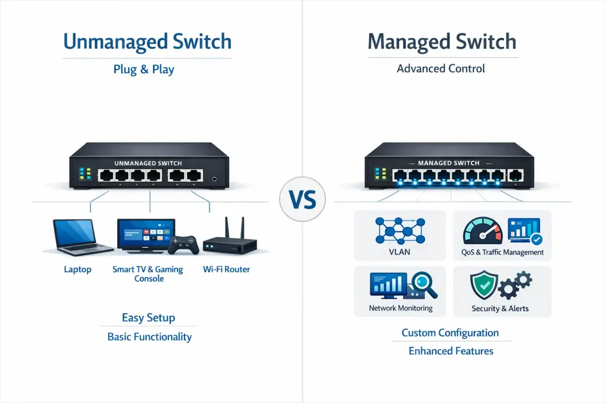 Comparison of unmanaged vs managed ethernet switch. Unmanaged offers plug & play with basic functionality for devices like laptops. Managed provides advanced control with VLAN, QoS, and security features.
