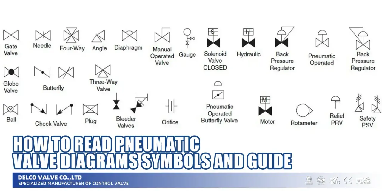 Diagram showing various flow control valve symbols, including Gate, Needle, Butterfly, and Solenoid valves, with a guide titled "How to Read Pneumatic Valve Diagrams.