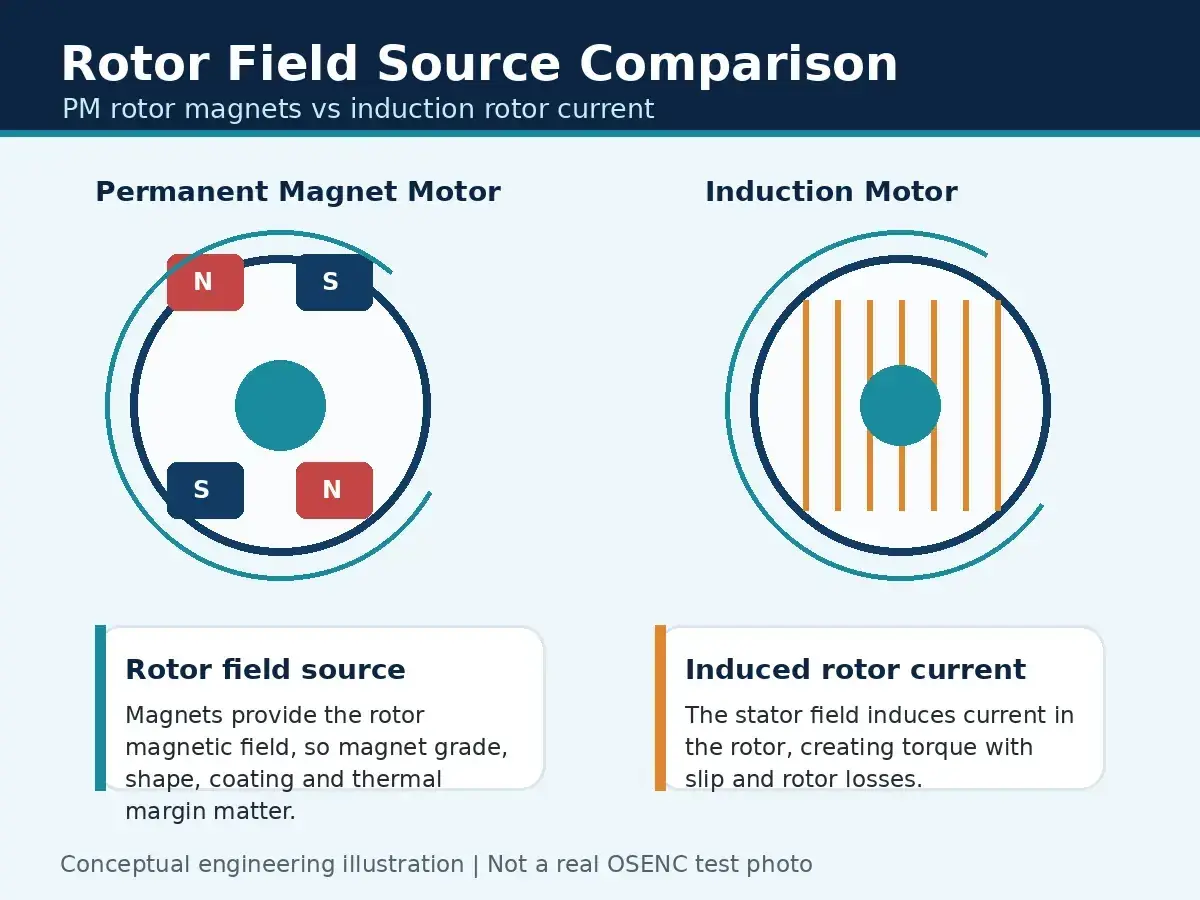 Permanent magnet motor rotor uses magnets for field, while induction motor rotor has induced current. Rotor vs motor comparison.