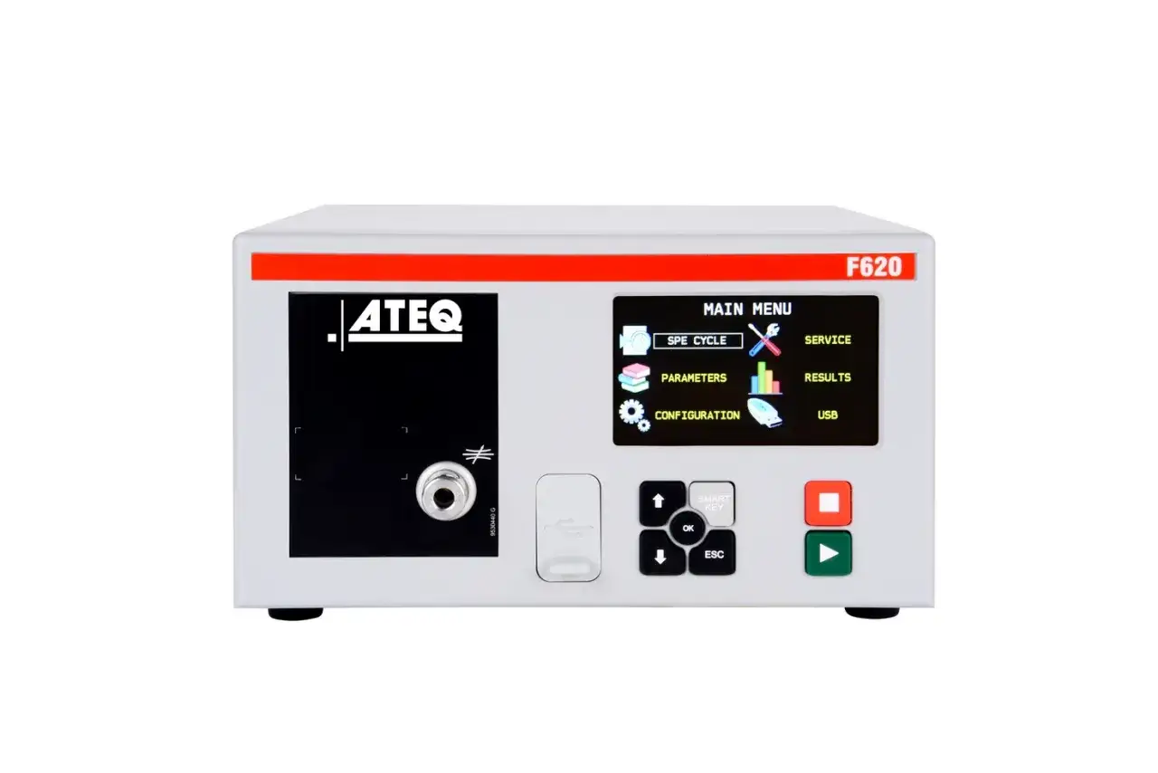 ATEQ F620, a sophisticated device for Cincinnati testing systems, features a clear display and intuitive controls for SPE CYCLE, PARAMETERS, CONFIGURATION, SERVICE, RESULTS, and USB functions.