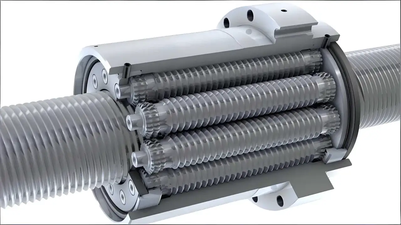 Cutaway view of a roller screw actuator, showing multiple threaded rollers engaging with a central screw, enabling precise linear motion.