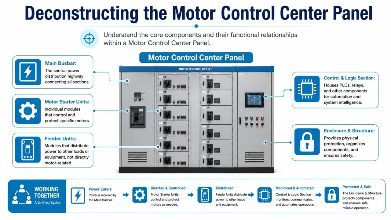 Diagram of a Motor Control Center Panel, showing its components like the Main Busbar, Motor Starter Units, and Feeder Units, all housed within a totally enclosed motor structure for safety.