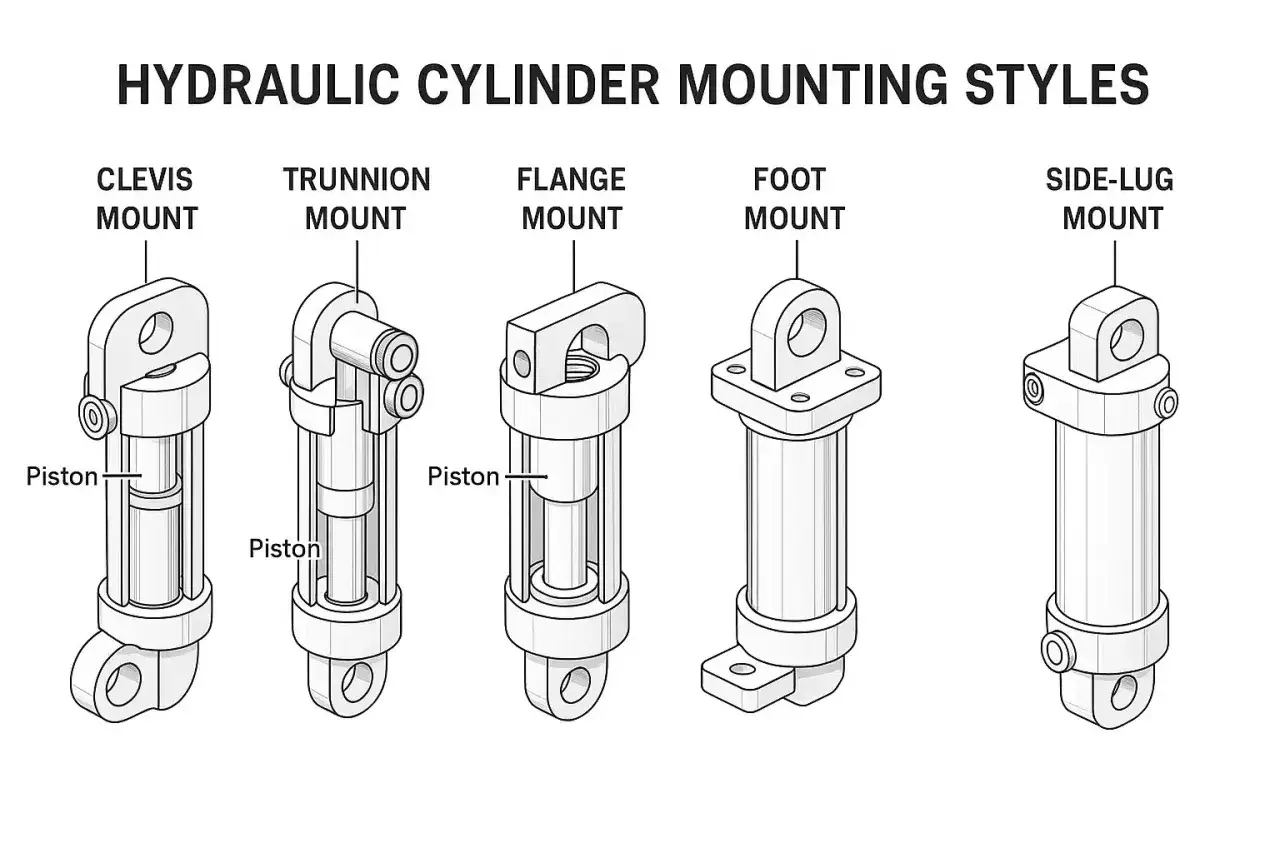 Diagram showing five different hydraulic industrial cylinder mounts: Clevis, Trunnion, Flange, Foot, and Side-Lug.