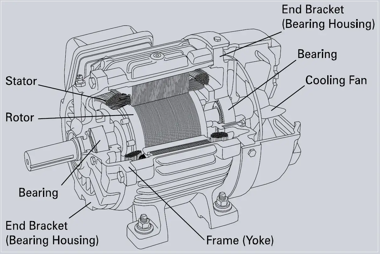 Cutaway of an electric motor, showing the stator and rotor. The motor's internal components, like bearings and cooling fan, are visible.