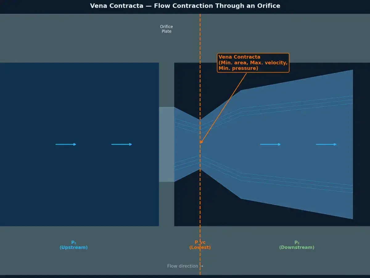 Diagram showing fluid flow contraction through an orifice plate, highlighting the vena contracta where velocity is max and pressure is min, a key factor in critical flow.