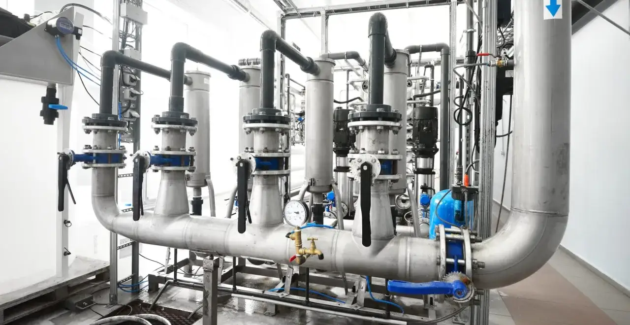 Inside the Parker Filtration Innovation Center, complex piping systems and filtration units showcase advanced fluid control technology.