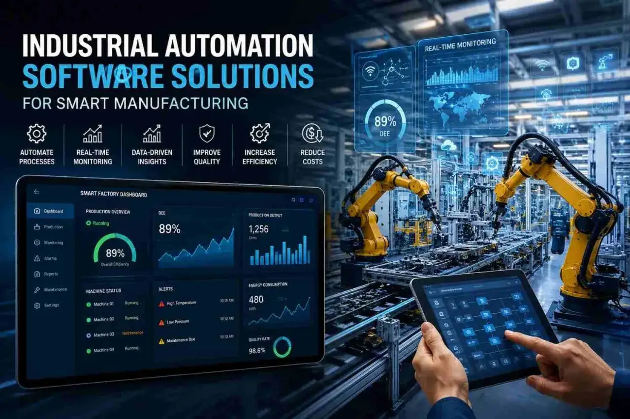 Industrial automation software solutions, including pyramid solutions, are displayed on a tablet and holographic interface, showing real-time factory data and robotic arms.