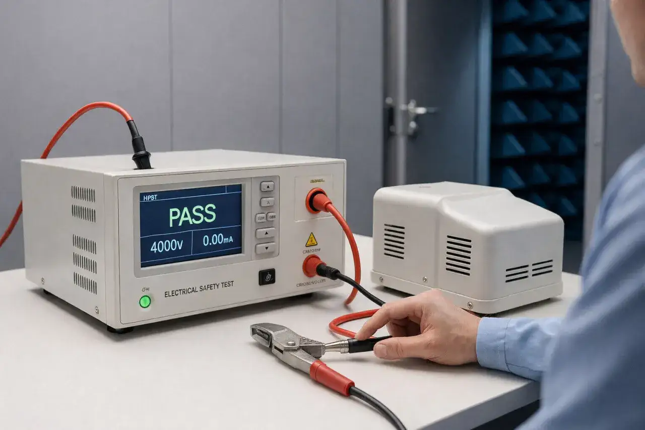 An electrical safety test, likely a megger test, shows a 