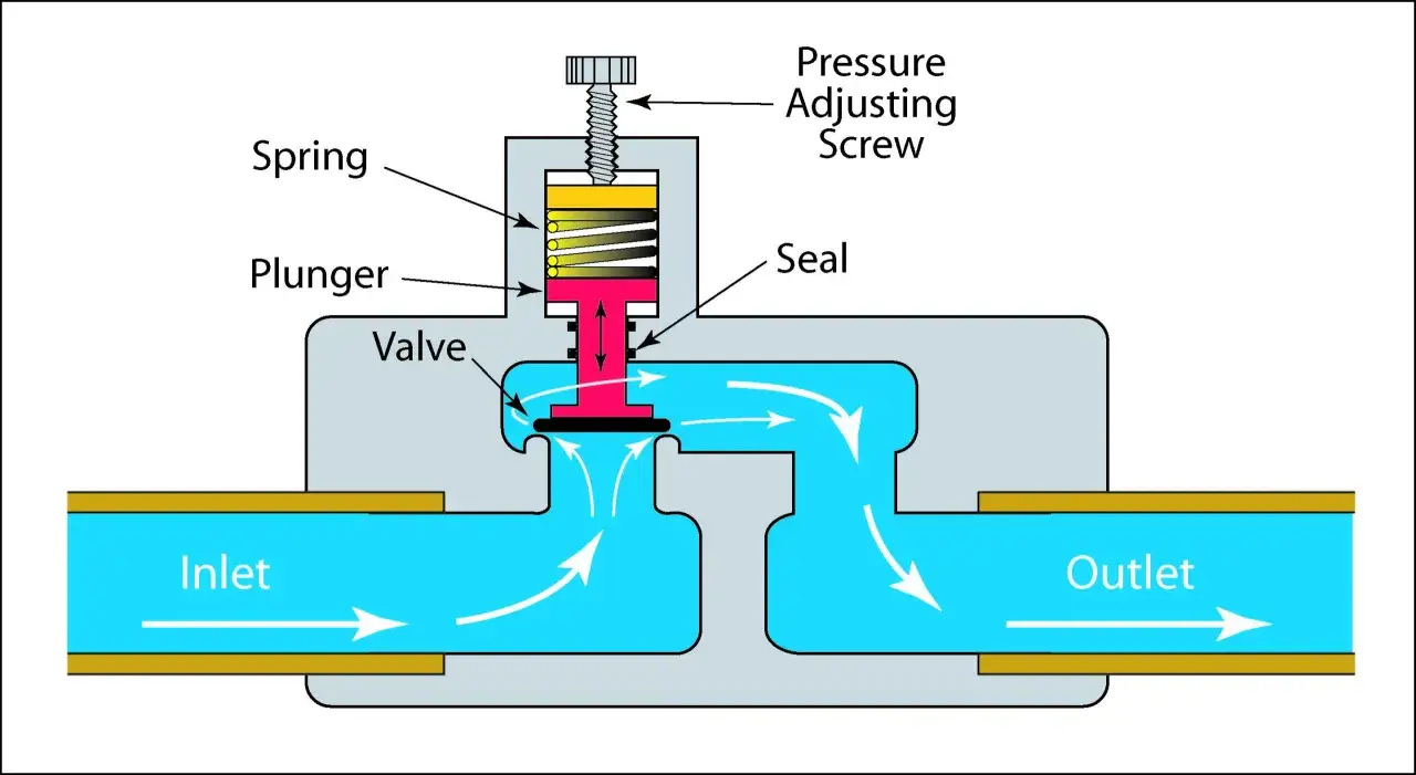 Diagram shows a back pressure regulator with inlet, outlet, valve, spring, plunger, and adjusting screw.