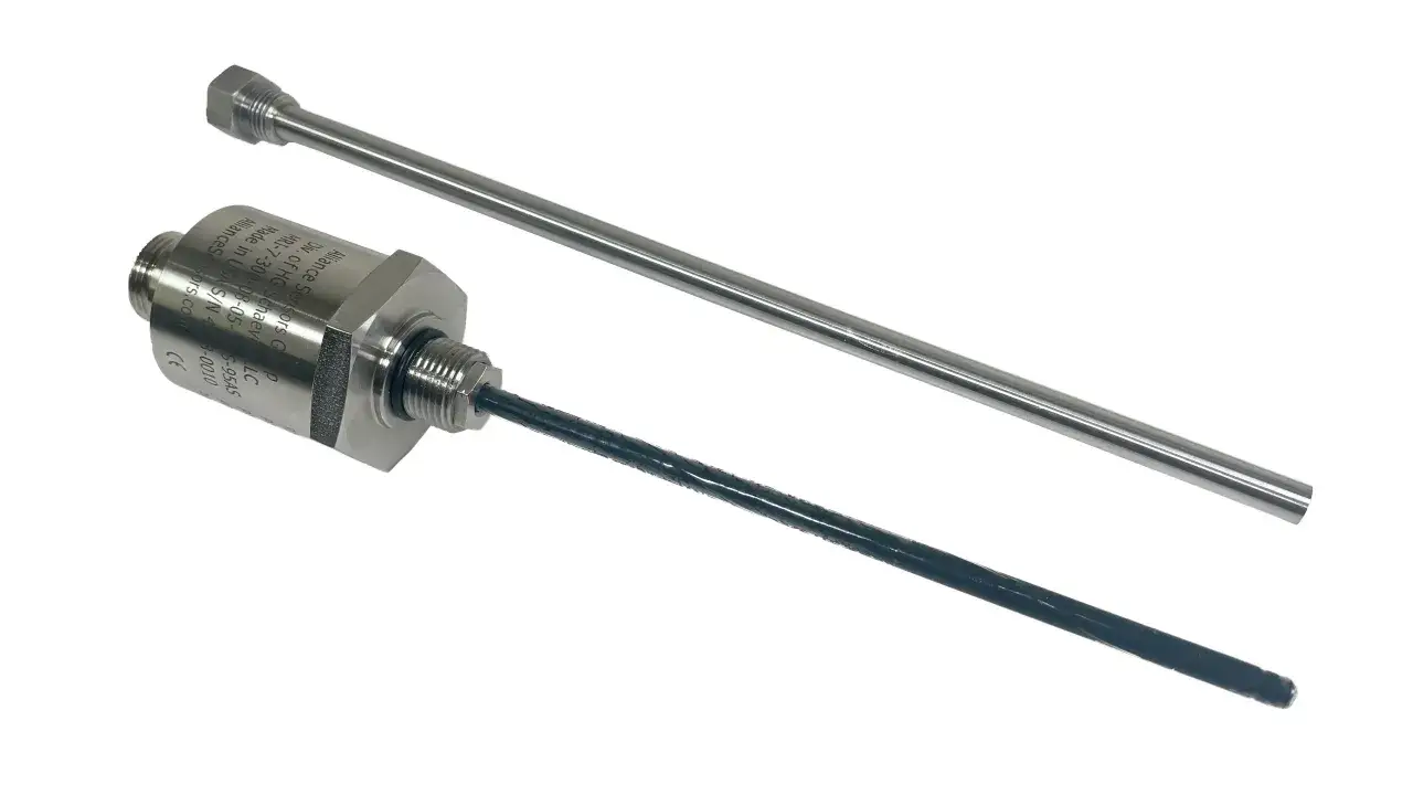 Two MTS sensors, one with a probe and the other a metal rod, are shown against a white background.