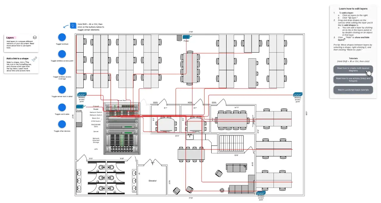 Network diagram showing office layout with furniture, wireless access points, and server rack. This illustrates the physical layer of a network.