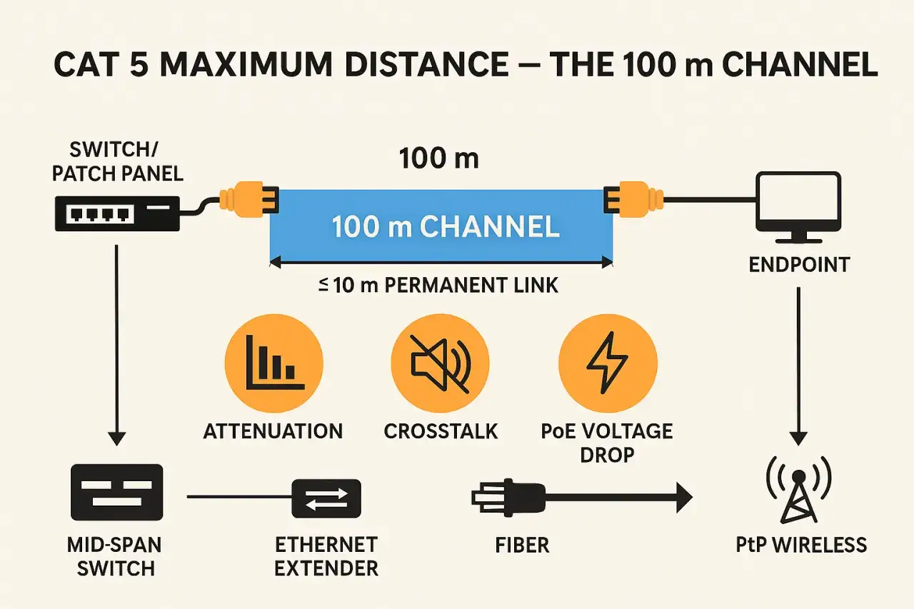 Diagram shows Cat 5 ethernet cable distance limit of 100m channel, with factors like attenuation, crosstalk, and PoE voltage drop.