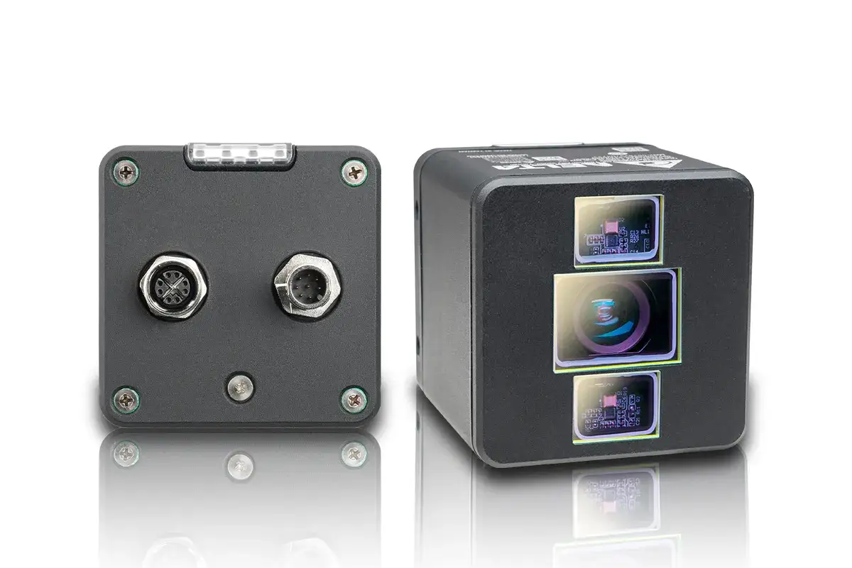 Two industrial cameras from Lucid Vision Labs, one showing connectors and the other its multi-lens array.