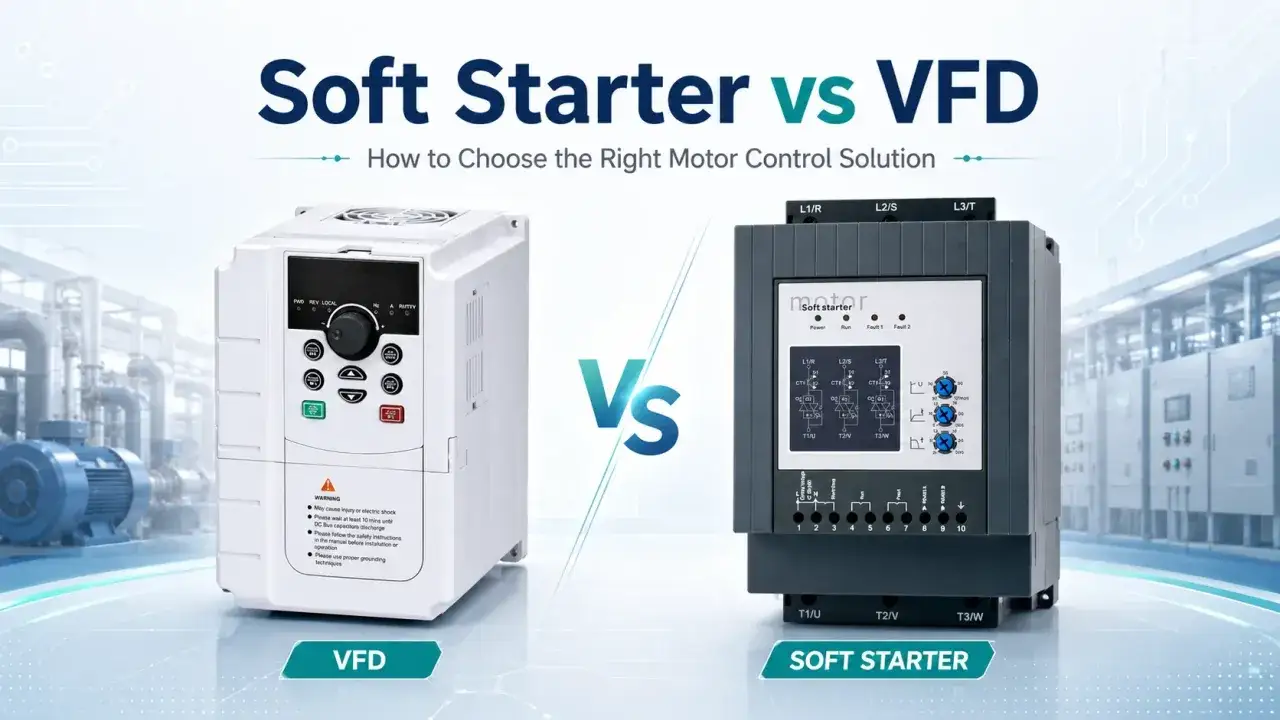 A VFD and a soft starter are shown side-by-side, illustrating the choice between these motor control solutions.