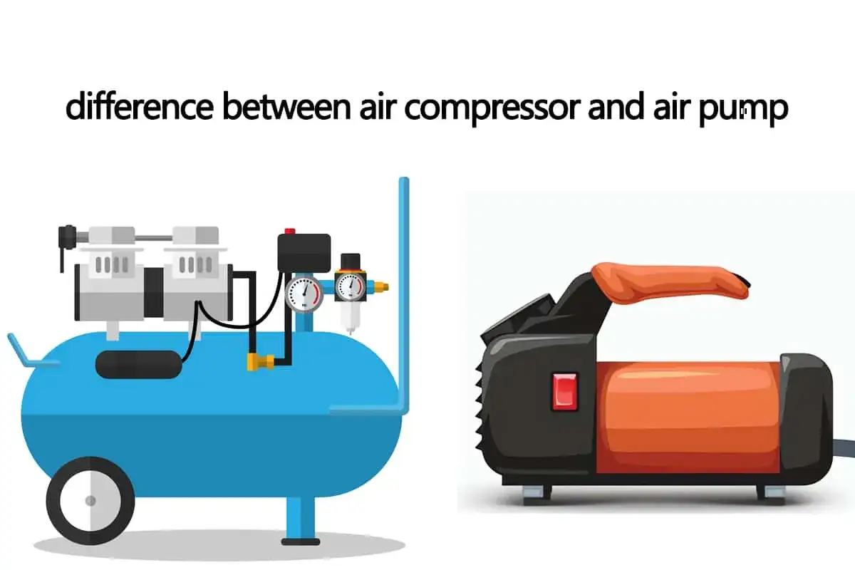 Illustration comparing a large blue air compressor with a smaller orange and black air pump, highlighting the difference between them.