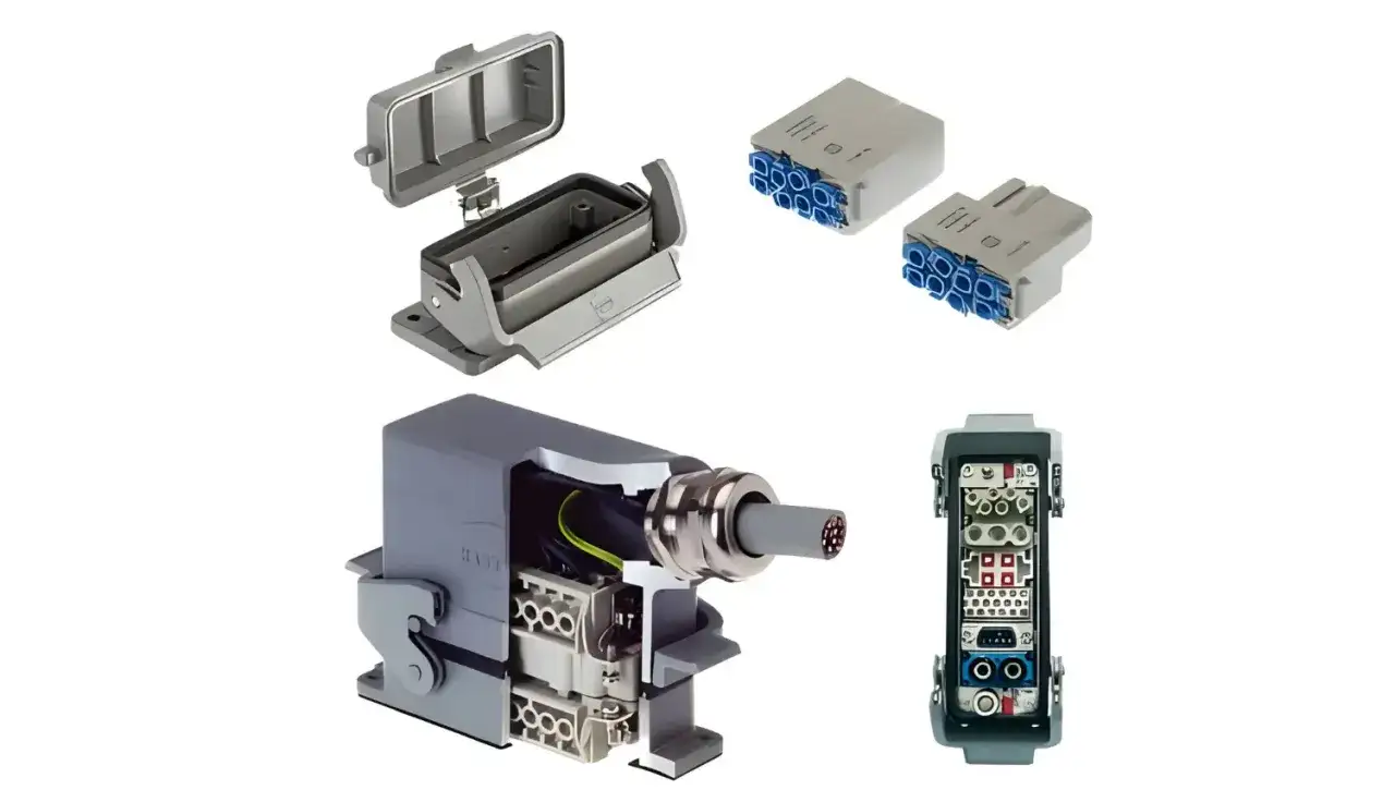 Industrial connectors from HARTING Inc. are shown, including a cutaway of a robust housing with internal wiring and a detailed view of a multi-pin connector.