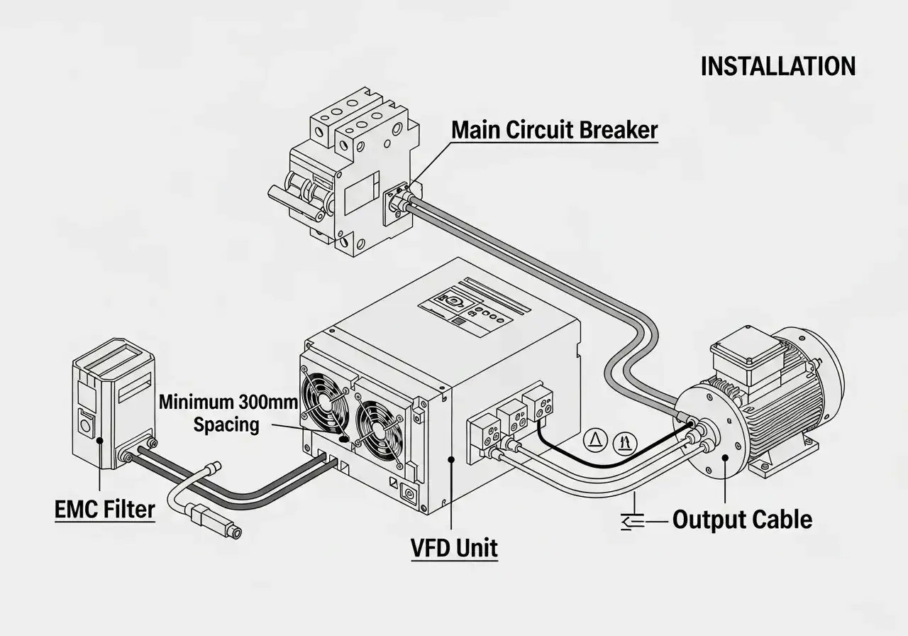 Diagram shows a VFD unit, main circuit breaker, and EMC filter. Proper installation includes minimum 300mm spacing for vfd filters.
