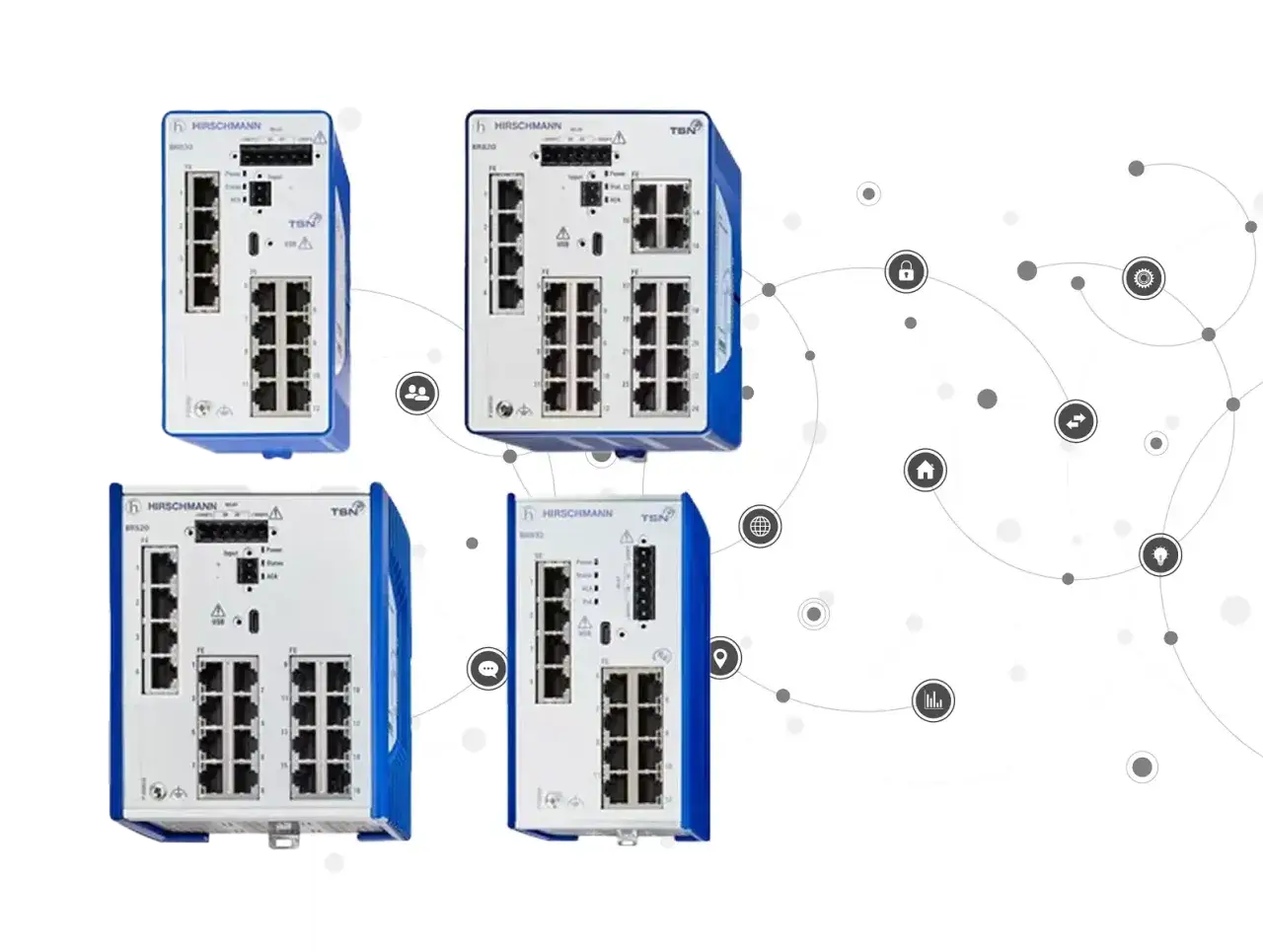 Four Hirschmann n-tron industrial network switches are shown, connected by a stylized network graphic with icons representing connectivity and data.