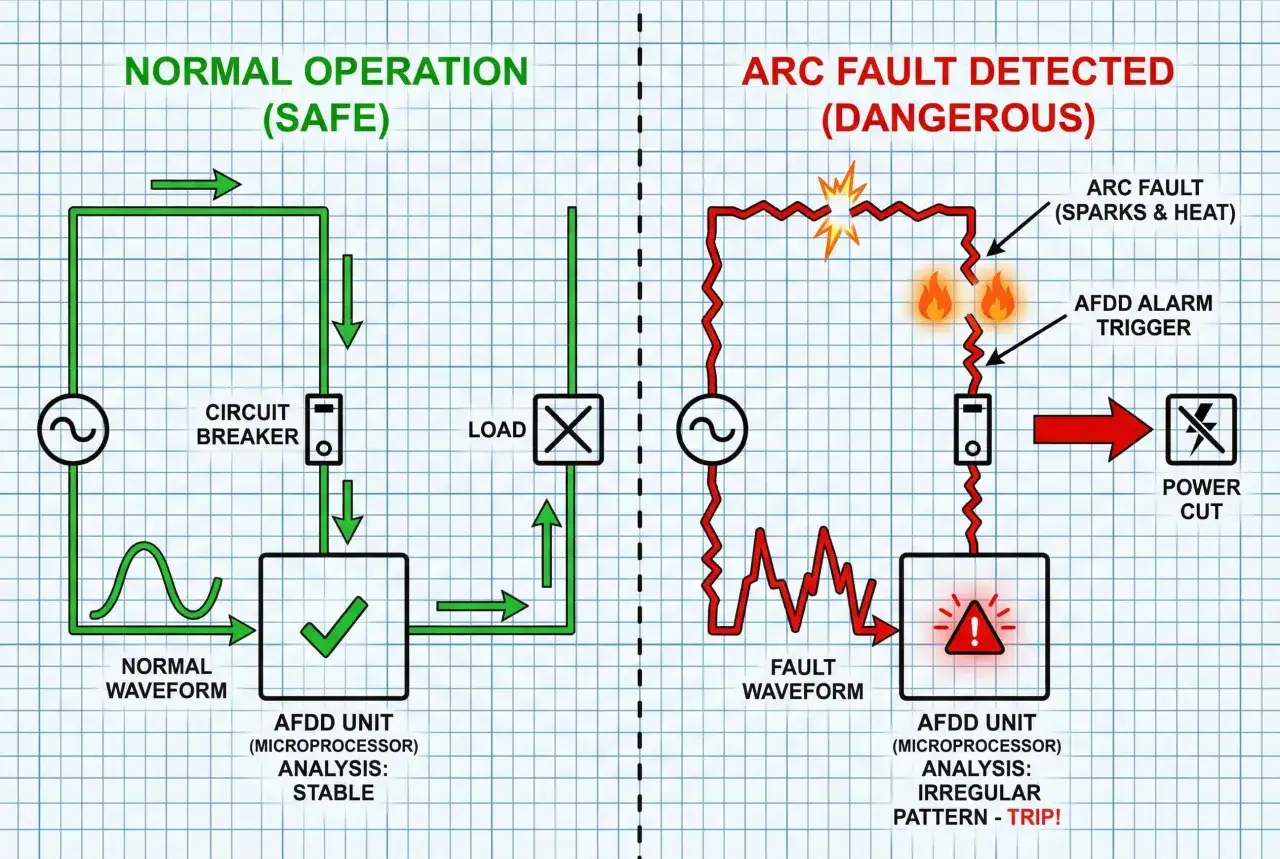 Diagram shows a circuit breaker in normal operation and when an arc fault is detected, triggering a power cut.