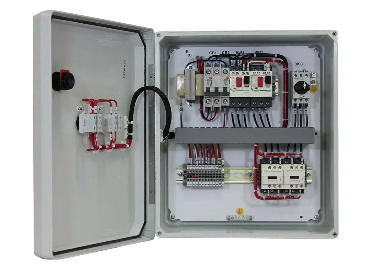 Inside an open electrical panel, showing components like contactors, circuit breakers, and terminal blocks. This setup illustrates when is a motor starter required for controlling electric motors.
