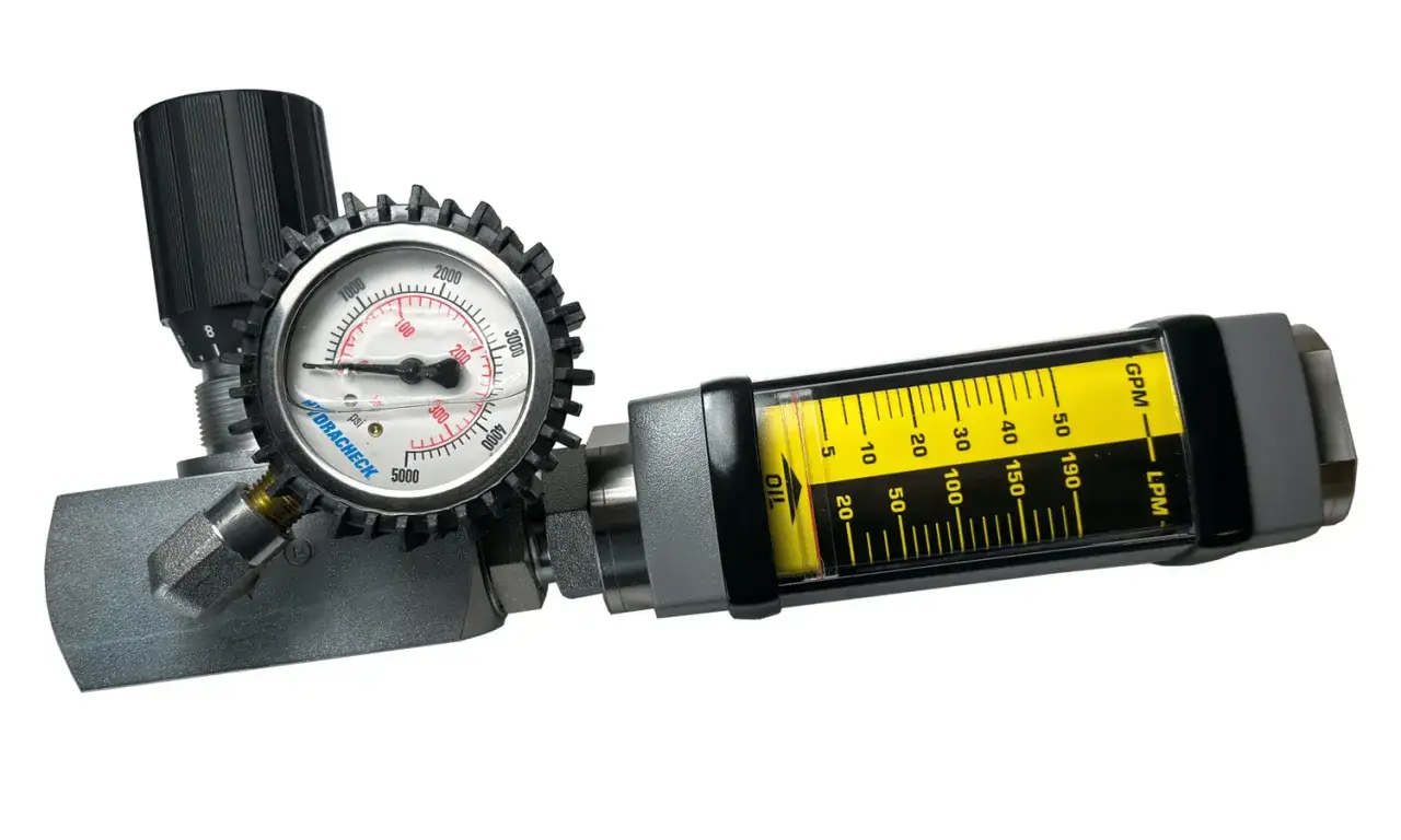 Pressure gauge and flow meter assembly, showing a dial indicating pressure and a clear tube with markings for GPM and LPM to measure the rate of flow.