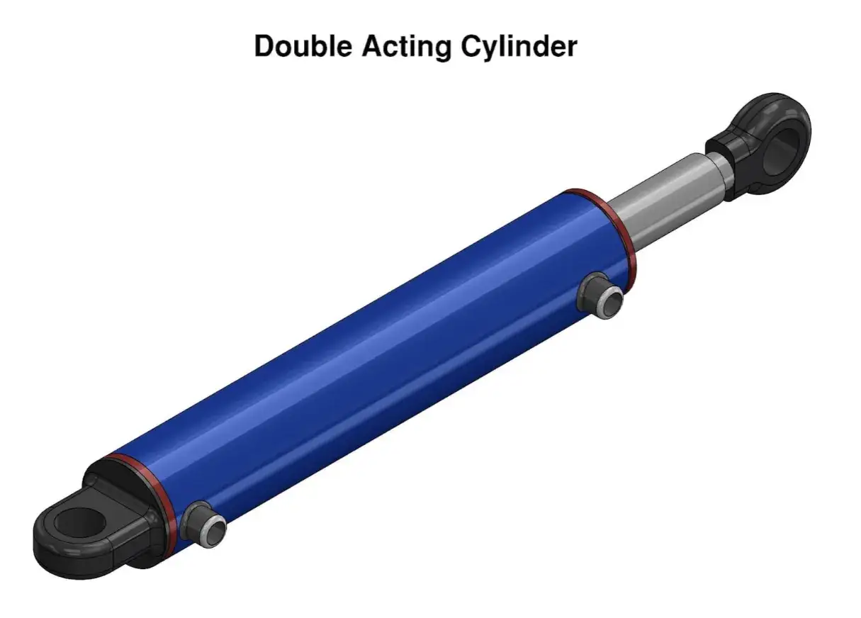 A blue double-acting cylinder, one of the common types of cylinders, with silver rod and black end fittings.