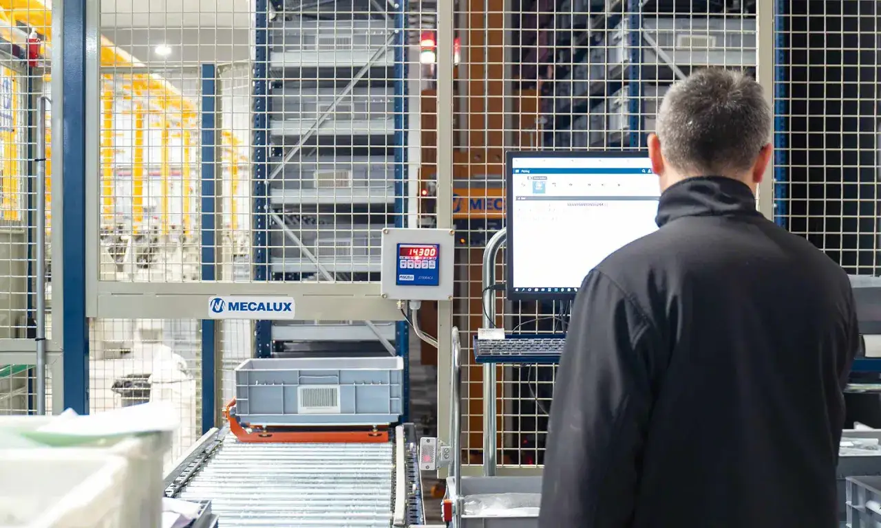 A worker monitors a Mecalux automated system, showcasing hardy process solutions for efficient warehouse management.